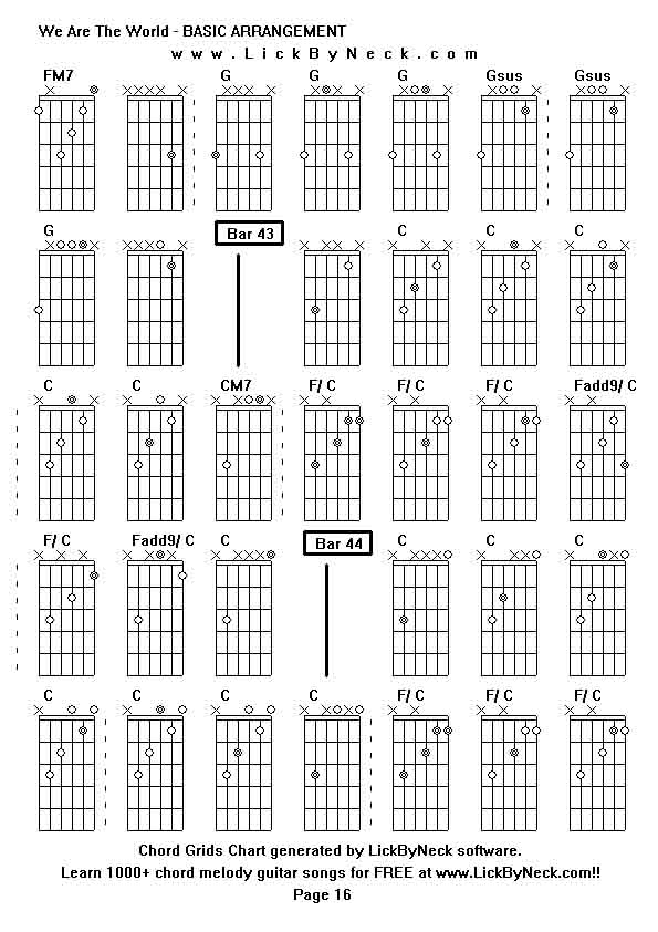 Chord Grids Chart of chord melody fingerstyle guitar song-We Are The World - BASIC ARRANGEMENT,generated by LickByNeck software.